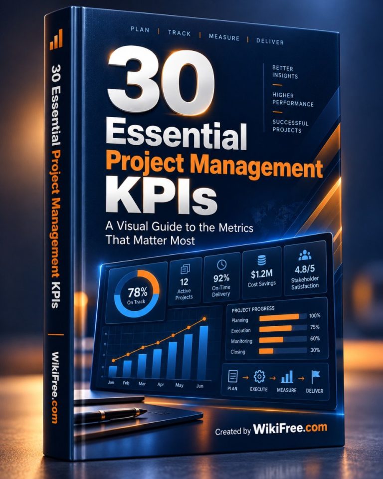 30 Essential Project Management KPIs — 3D ebook cover by WikiFree