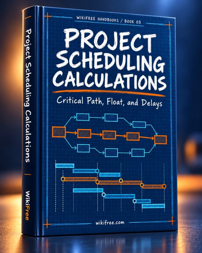 Project Scheduling Calculations: Critical Path, Float, and Delays — 3D ebook cover by WikiFree