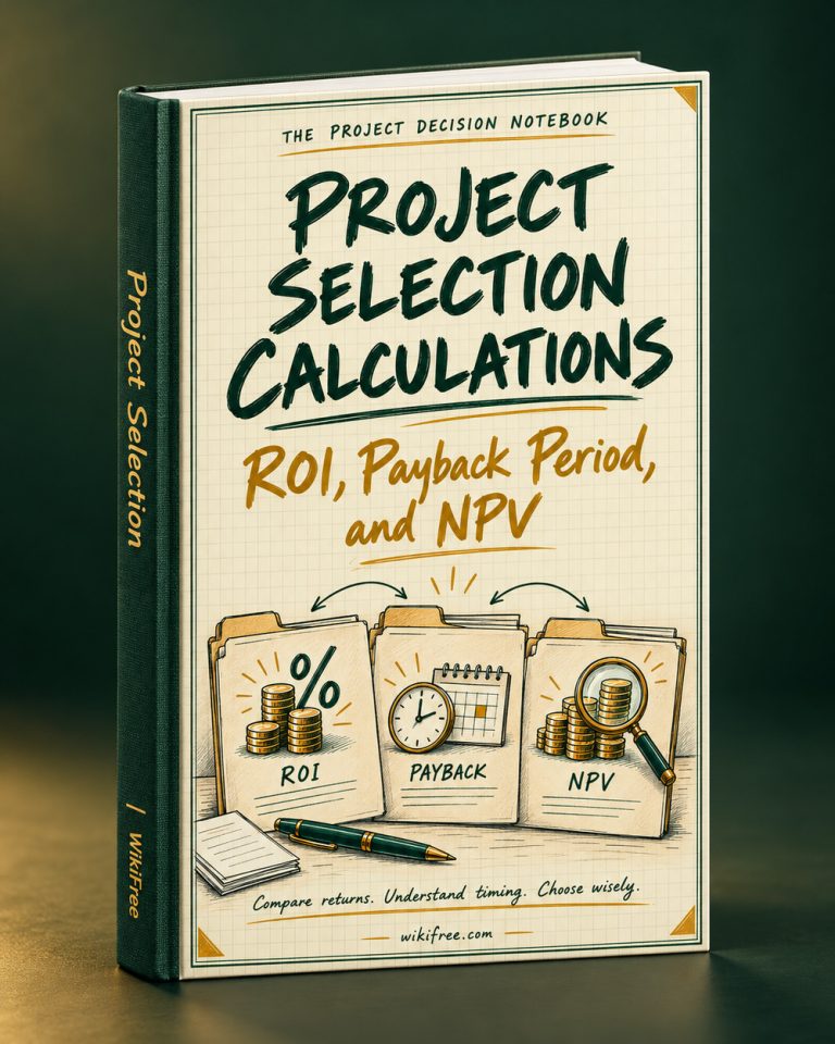 Project Selection Calculations: ROI, Payback Period, and NPV — 3D ebook cover by WikiFree