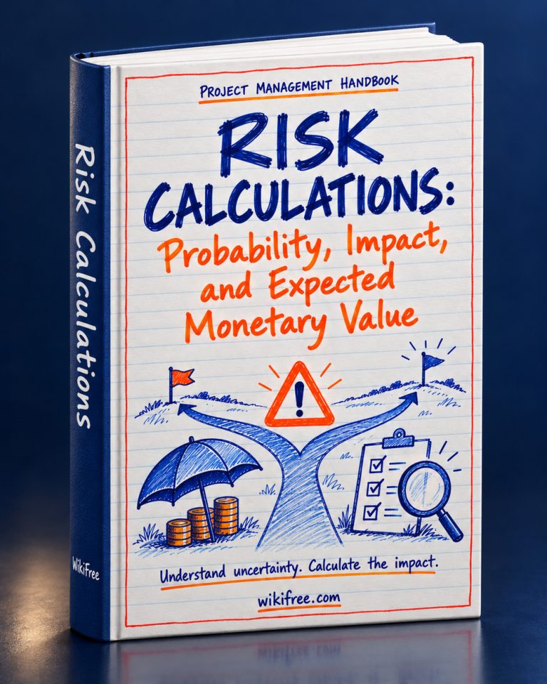 Risk Calculations: Probability, Impact, and Expected Monetary Value — 3D ebook cover by WikiFree
