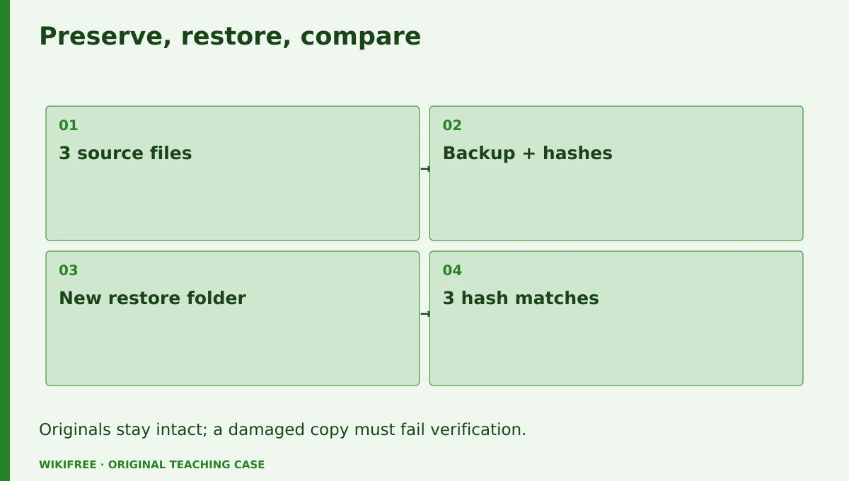 Preserve, restore, compare. 3 source files; Backup + hashes; New restore folder; 3 hash matches. Originals stay intact; a damaged copy must fail verification.
