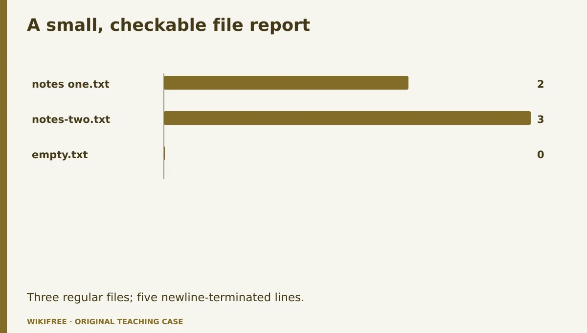 A small, checkable file report. notes one.txt; notes-two.txt; empty.txt. Three regular files; five newline-terminated lines.