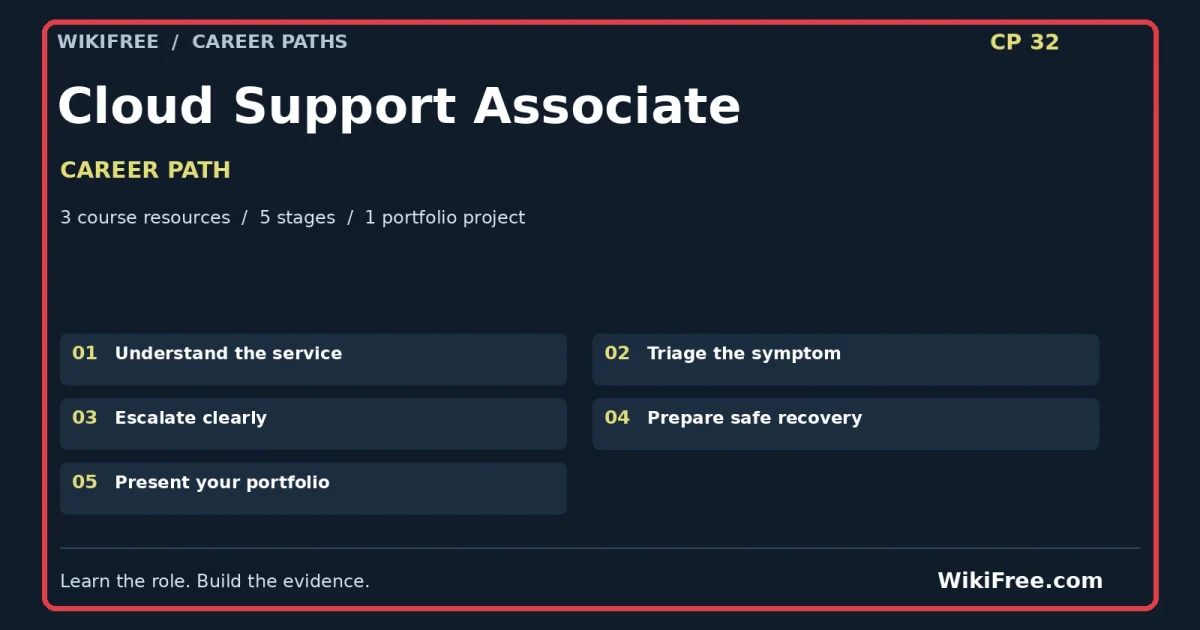 Cloud Support Associate Career Path — 3 course resources, five stages and one portfolio project; red frame and WikiFree.com branding