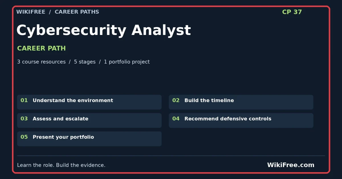 Cybersecurity Analyst Career Path — 3 course resources, five stages and one portfolio project; red frame and WikiFree.com branding