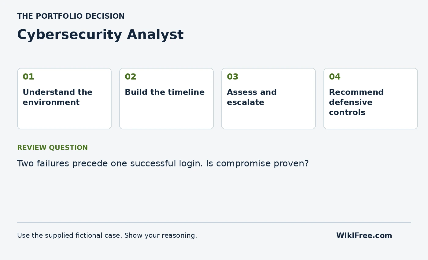 Cybersecurity Analyst portfolio roadmap and a review question from the fictional case