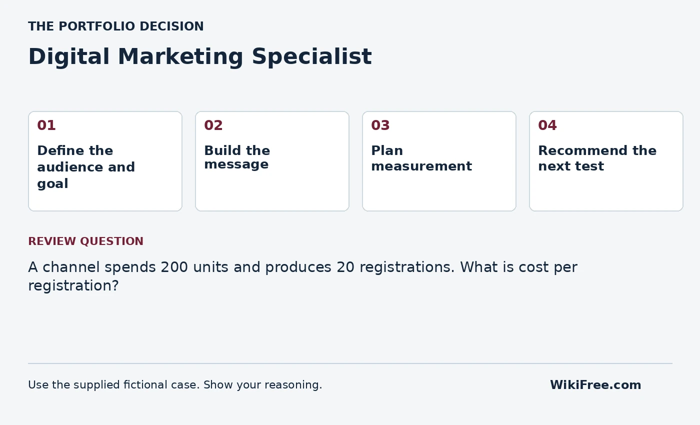 Digital Marketing Specialist portfolio roadmap and a review question from the fictional case