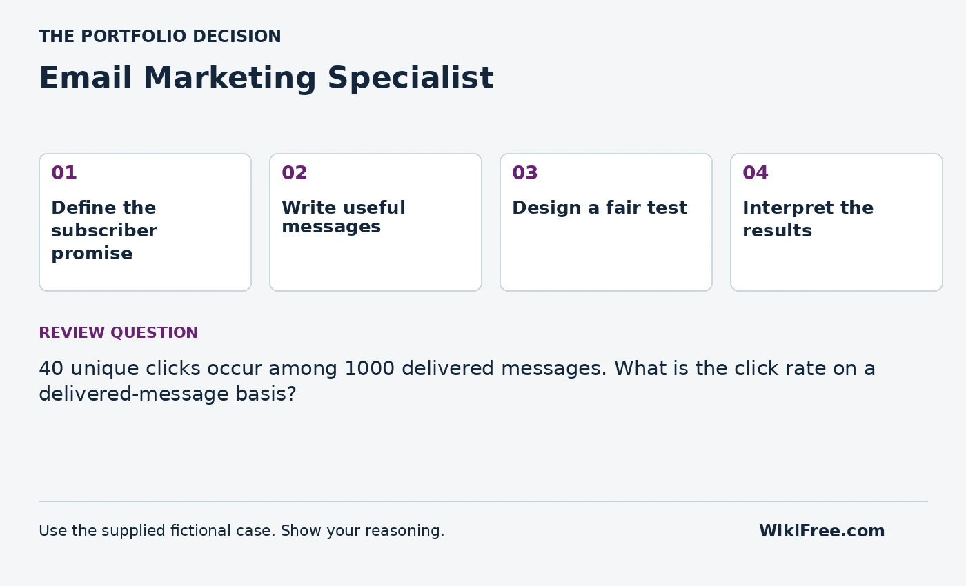 Email Marketing Specialist portfolio roadmap and a review question from the fictional case