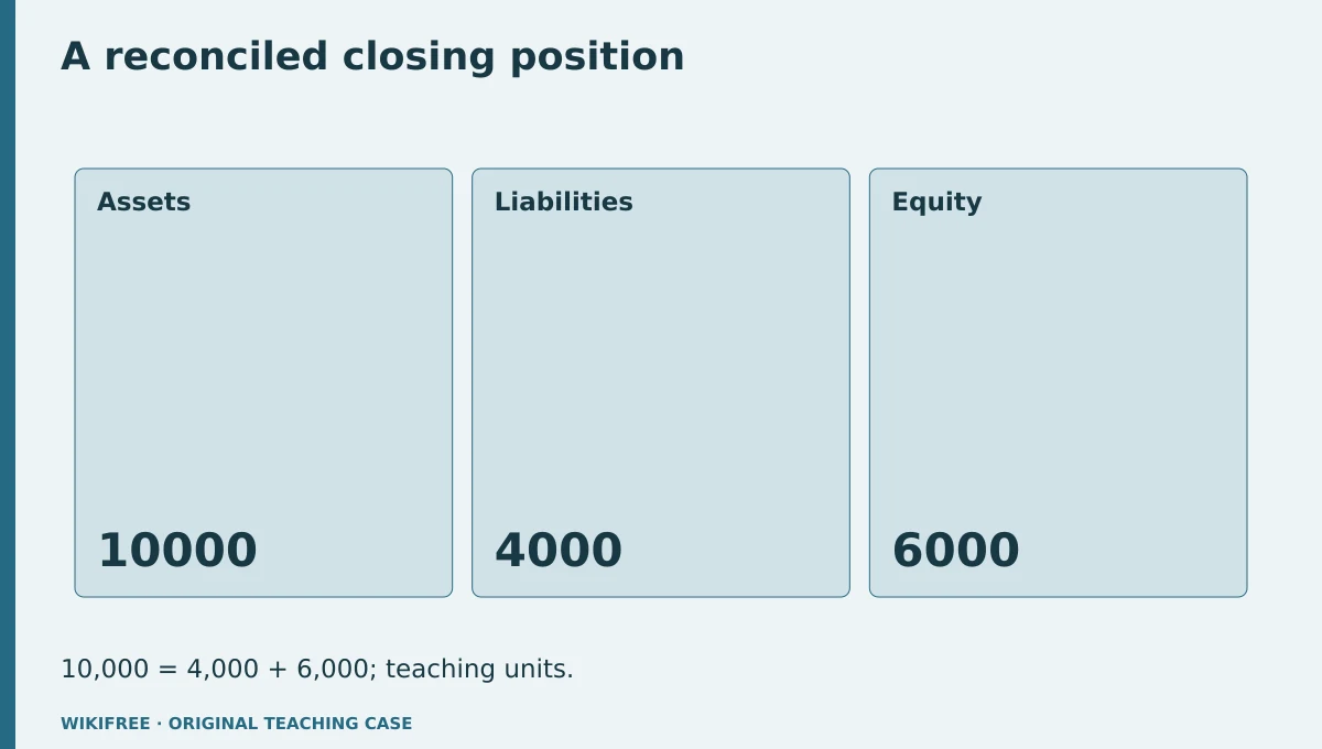 A reconciled closing position. Assets; Liabilities; Equity. 10,000 = 4,000 + 6,000; teaching units.