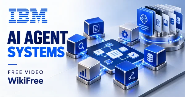 Free AI Agents Course: Memory and Multi-Agent Systems. Original WikiFree artwork in IBM blue, navy and silver, illustrating the specific course topic.