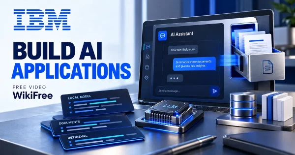 Free AI App Development Course: Local LLMs and RAG. Original WikiFree artwork in IBM blue, navy and silver, illustrating the specific course topic.