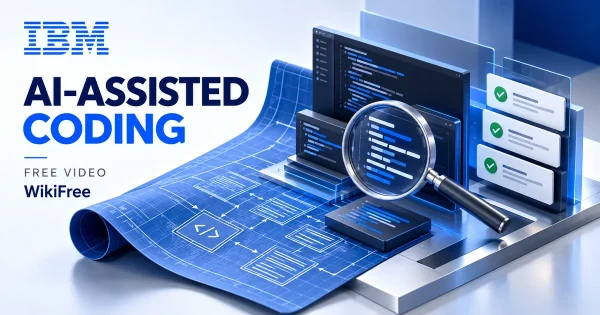 Free AI Coding Course: Agents, Code Reviews and Quality. Original WikiFree artwork in IBM blue, navy and silver, illustrating the specific course topic.