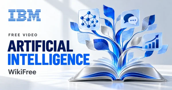 Free AI Fundamentals Course: Machine Learning and Generative AI. Original WikiFree artwork in IBM blue, navy and silver, illustrating the specific course topic.