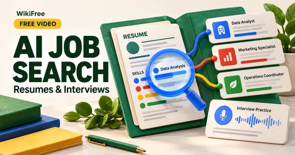 Free AI Job Search Course: Resumes and Interview Skills. Original WikiFree artwork in Google-inspired colors, illustrating the specific course topic.