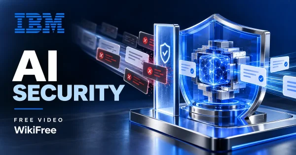 Free AI Security Course: Prompt Injection and Zero Trust. Original WikiFree artwork in IBM blue, navy and silver, illustrating the specific course topic.