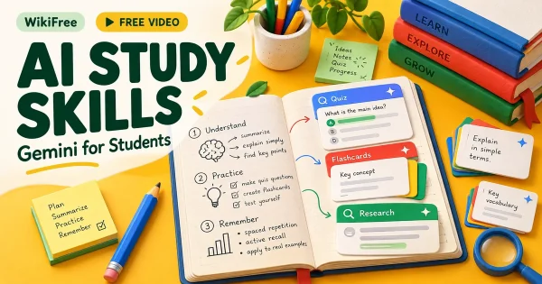 Free AI Study Skills Course: Gemini for Students. Original WikiFree artwork in Google-inspired colors, illustrating the specific course topic.