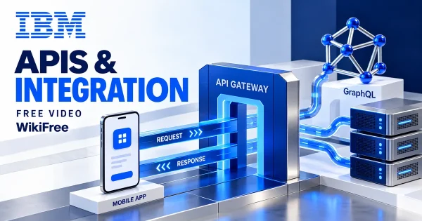 Free API Development Course: REST, Gateways and GraphQL. Original WikiFree artwork in IBM blue, navy and silver, illustrating the specific course topic.