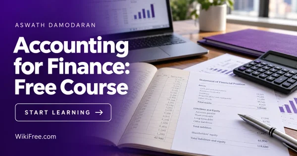 Accounting for Finance: Free Course — Aswath Damodaran course artwork with a realistic financial scene in violet and white.