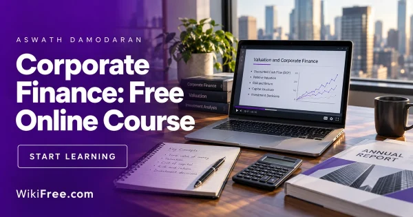 Corporate Finance: Free Online Course — Aswath Damodaran course artwork with a realistic financial scene in violet and white.