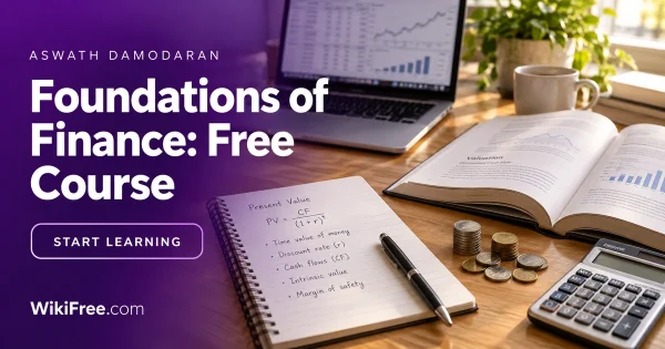 Foundations of Finance: Free Course — Aswath Damodaran course artwork with a realistic financial scene in violet and white.