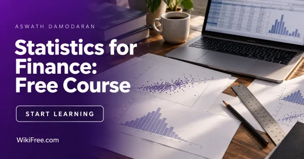 Statistics for Finance: Free Course — Aswath Damodaran course artwork with a realistic financial scene in violet and white.
