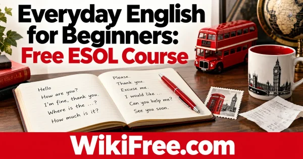 Everyday English for Beginners: Free ESOL Course — original WikiFree artwork depicting the course subject; BBC Learning English.