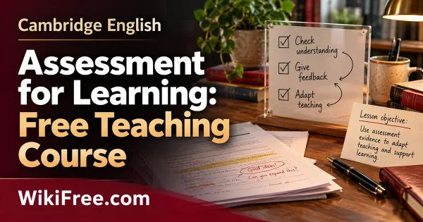 Assessment for Learning: Free Teaching Course — original Cambridge English course artwork with a realistic subject-specific teaching scene in crimson, cream and charcoal.