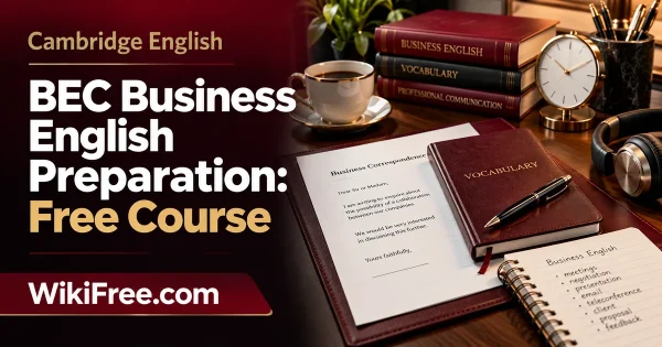 BEC Business English Preparation: Free Course — original Cambridge English course artwork with a realistic subject-specific teaching scene in crimson, cream and charcoal.