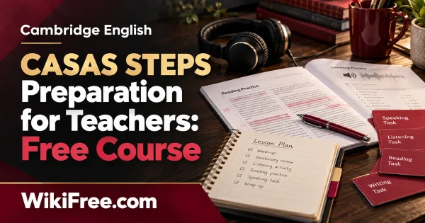 CASAS STEPS Preparation for Teachers: Free Course — original Cambridge English course artwork with a realistic subject-specific teaching scene in crimson, cream and charcoal.