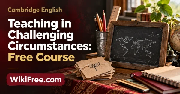 Teaching in Challenging Circumstances: Free Course — original Cambridge English course artwork with a realistic subject-specific teaching scene in crimson, cream and charcoal.