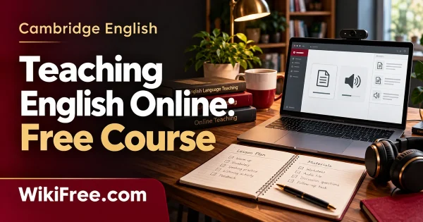 Teaching English Online: Free Course — original Cambridge English course artwork with a realistic subject-specific teaching scene in crimson, cream and charcoal.