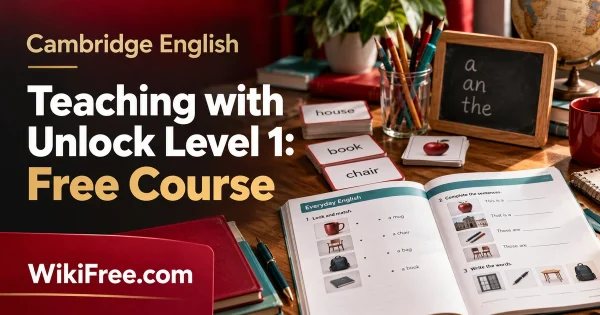 Teaching with Unlock Level 1: Free Course — original Cambridge English course artwork with a realistic subject-specific teaching scene in crimson, cream and charcoal.