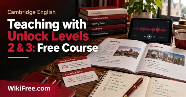 Teaching with Unlock Levels 2 & 3: Free Course — original Cambridge English course artwork with a realistic subject-specific teaching scene in crimson, cream and charcoal.