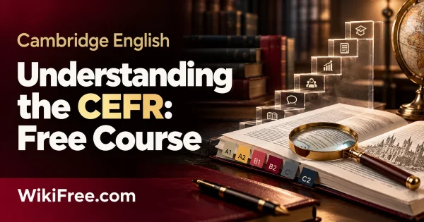 Understanding the CEFR: Free Course — original Cambridge English course artwork with a realistic subject-specific teaching scene in crimson, cream and charcoal.