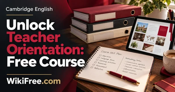 Unlock Teacher Orientation: Free Course — original Cambridge English course artwork with a realistic subject-specific teaching scene in crimson, cream and charcoal.