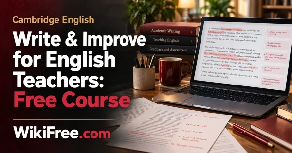Write & Improve for English Teachers: Free Course — original Cambridge English course artwork with a realistic subject-specific teaching scene in crimson, cream and charcoal.