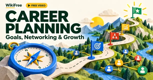 Free Career Planning Course: Goals, Networking and Job Search. Original WikiFree artwork in Google-inspired colors, illustrating the specific course topic.