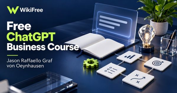 Free ChatGPT Business Course by Jason Raffaello Graf von Oeynhausen, illustrated with a blank prompt console, planning cards, a notebook, a glass lightbulb and WikiFree branding in navy, white and lime.