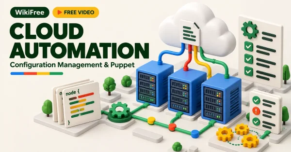 Free Cloud Automation Course: Configuration and Puppet. Original WikiFree artwork in Google-inspired colors, illustrating the specific course topic.