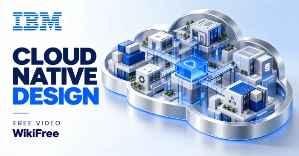 Free Cloud Native Course: Microservices and Serverless. Original WikiFree artwork in IBM blue, navy and silver, illustrating the specific course topic.
