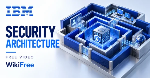 Free Cybersecurity Architecture Course: Identity to Response. Original WikiFree artwork in IBM blue, navy and silver, illustrating the specific course topic.