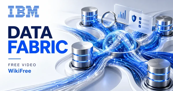 Free Data Fabric Course: Governance and Observability. Original WikiFree artwork in IBM blue, navy and silver, illustrating the specific course topic.