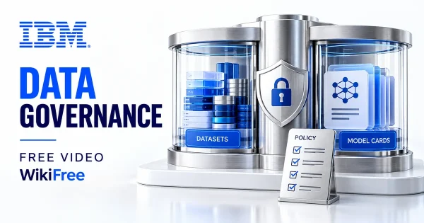 Free Data Governance Course: AI Data and Model Controls. Original WikiFree artwork in IBM blue, navy and silver, illustrating the specific course topic.