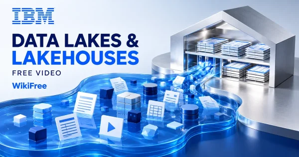 Free Data Lakes Course: Cloud Lakes and Lakehouse Design. Original WikiFree artwork in IBM blue, navy and silver, illustrating the specific course topic.