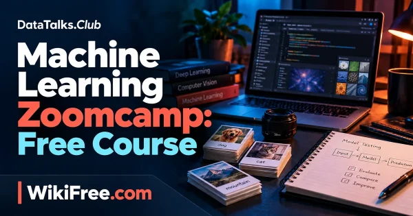 Machine Learning Zoomcamp: Free Course — original WikiFree artwork depicting the course subject; DataTalks.Club.