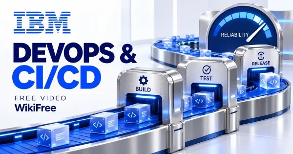 Free DevOps Course: CI/CD, SRE and Infrastructure as Code. Original WikiFree artwork in IBM blue, navy and silver, illustrating the specific course topic.