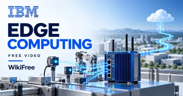 Free Edge Computing Course: Architecture and Use Cases. Original WikiFree artwork in IBM blue, navy and silver, illustrating the specific course topic.