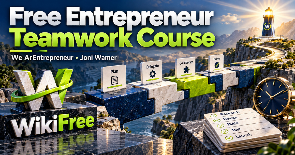 Free Entrepreneur Teamwork Course: Delegate, Build Relationships and Share Goals — We ArEntrepreneur; Joni Wamer. WikiFree selection.