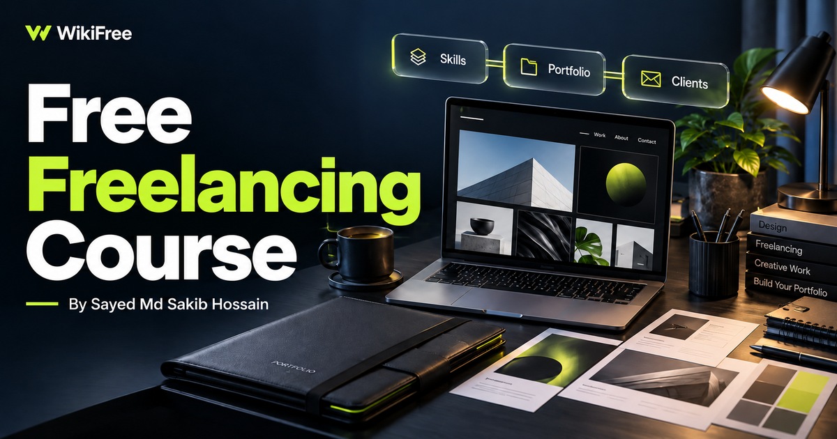 WikiFree freelancing course cover with a laptop portfolio, work samples and skills, portfolio and clients cards; Sayed Md Sakib Hossain.