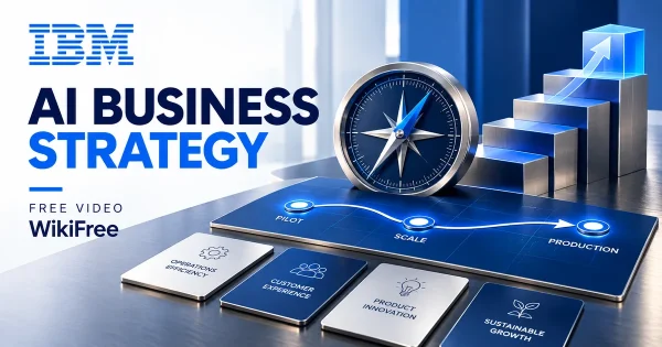 Free Generative AI for Business Course: Strategy and Value. Original WikiFree artwork in IBM blue, navy and silver, illustrating the specific course topic.