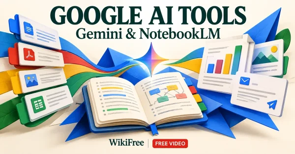 Free Google AI Tools Course: Gemini and NotebookLM. Original WikiFree artwork in Google-inspired colors, illustrating the specific course topic.